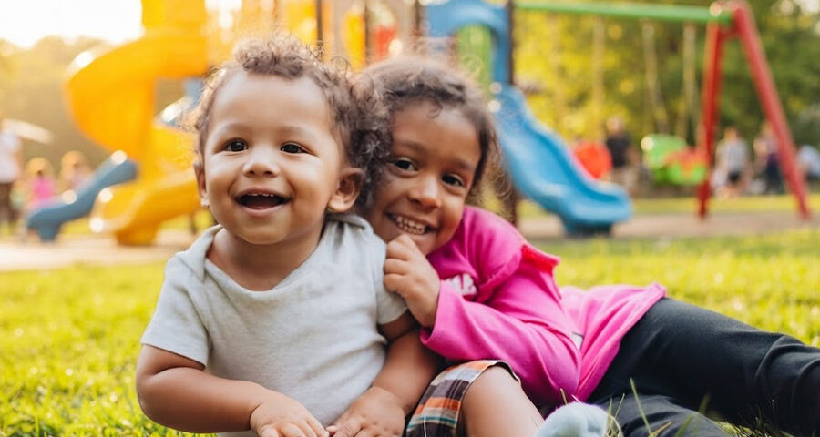 Toddlers Playing in Summer Heat; Playset in Background