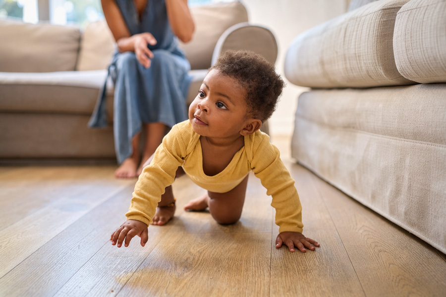 Baby crawling on hands and knees across a living room floor
